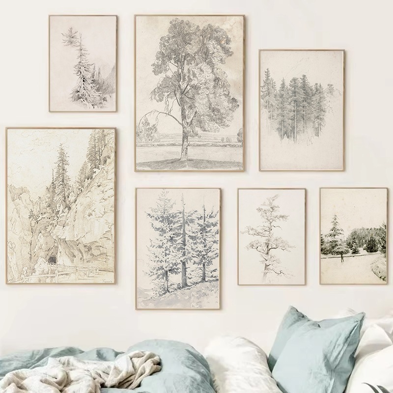 Interior Design Sketch - Antique Japanese Tree Forest Sketch Rustic